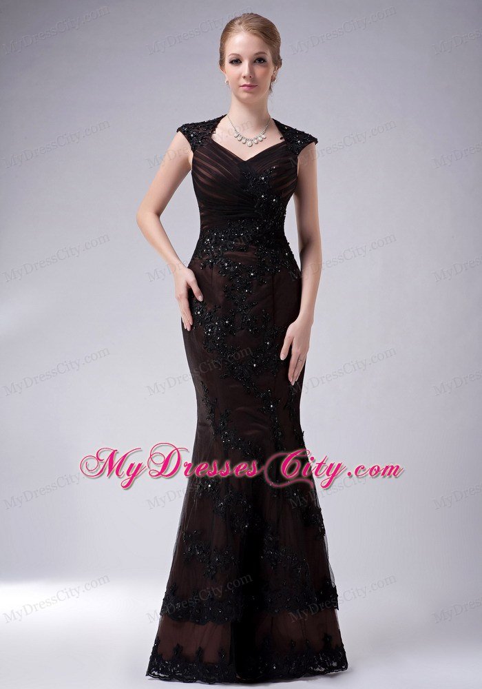 Brown Beaded Mermaid V-neck Floor-length Mothers Dress