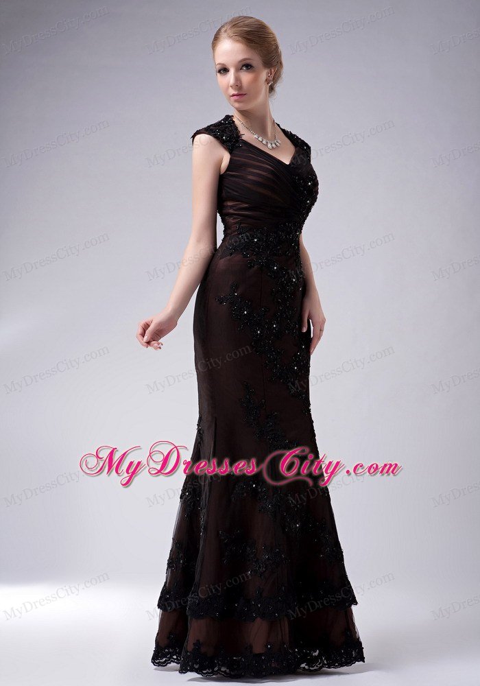 Brown Beaded Mermaid V-neck Floor-length Mothers Dress