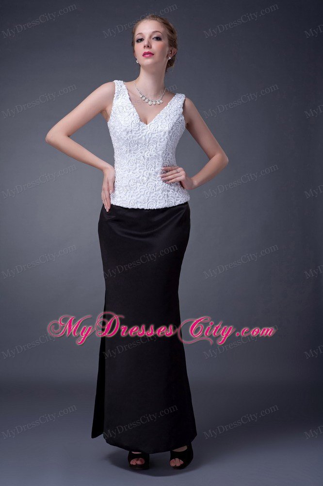 Black and White Column V-neck Ankle-length Mother Of the Bride Dresses