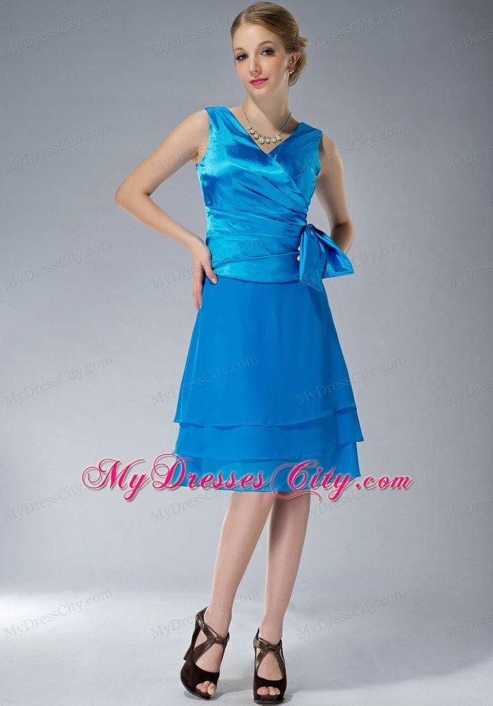 Sky Blue Empire V-neck Knee-length Ruching Mother's Dress