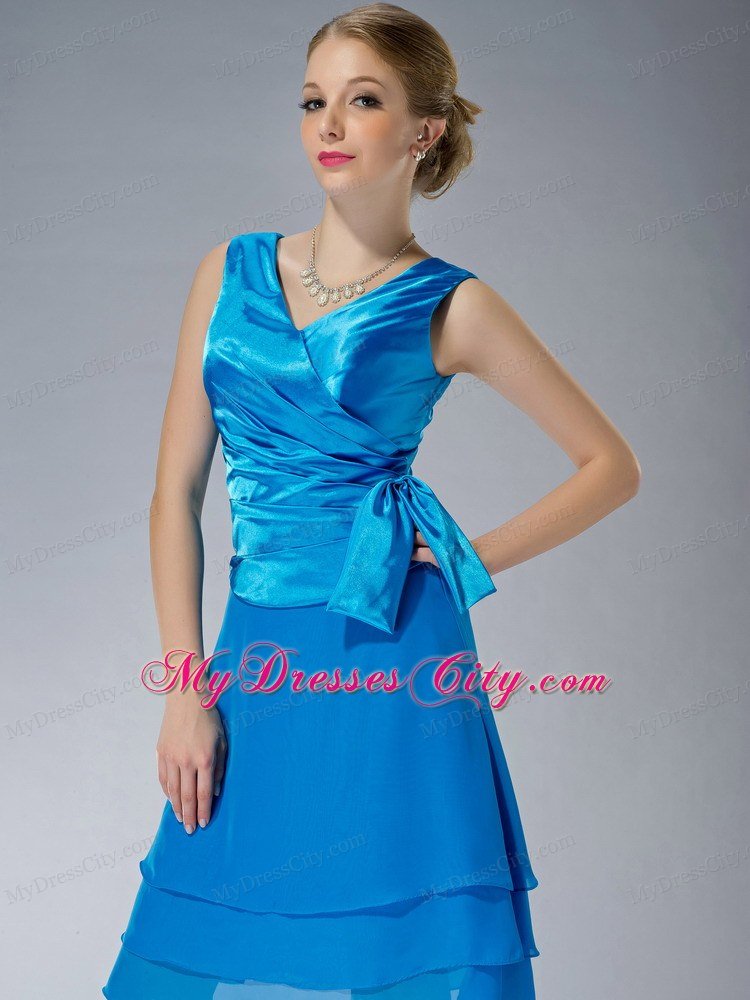 Sky Blue Empire V-neck Knee-length Ruching Mother's Dress