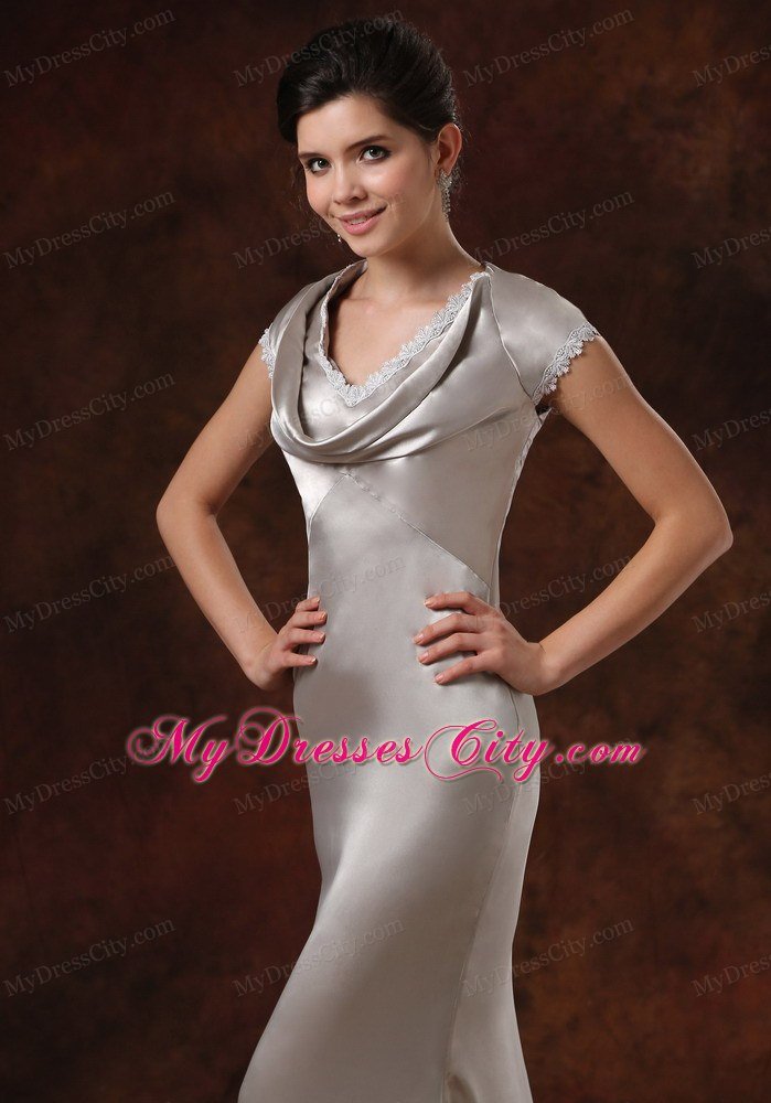 Sliver Dropped Neckline Mother Of the Bride Dress With Short Sleeves