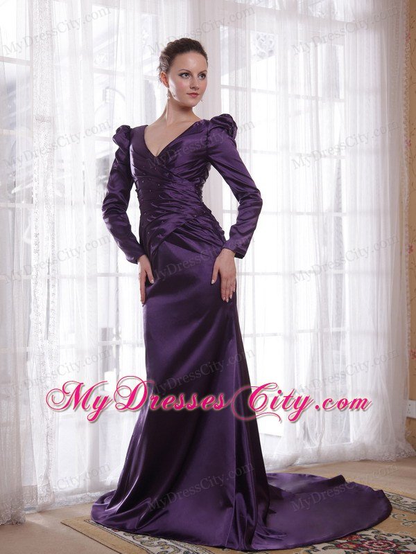 Dark Purple V-neck Long Sleeves Brush Train Taffeta Mother of the Bride Dress