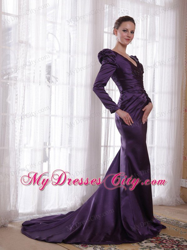 Dark Purple V-neck Long Sleeves Brush Train Taffeta Mother of the Bride Dress