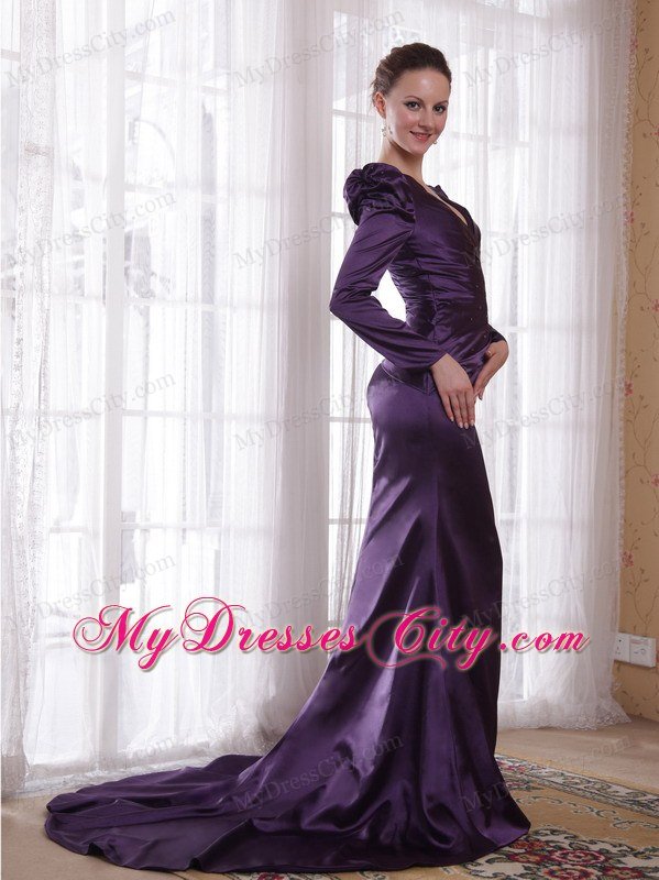 Dark Purple V-neck Long Sleeves Brush Train Taffeta Mother of the Bride Dress