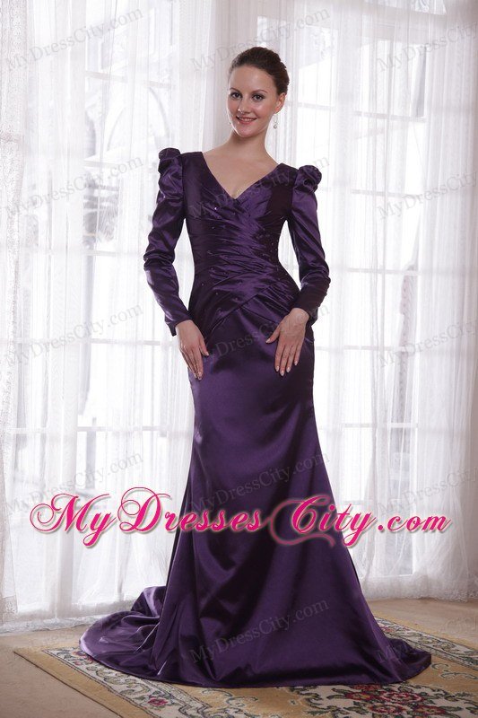 Dark Purple V-neck Long Sleeves Brush Train Taffeta Mother of the Bride Dress