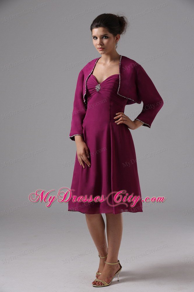 Sweetheart Beaded Knee-length Burgundy Chiffon Jacket Mother in Law Dresses