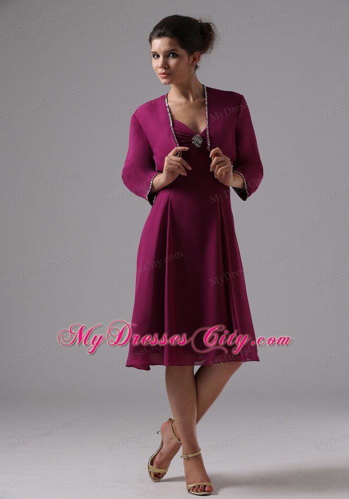 Sweetheart Beaded Knee-length Burgundy Chiffon Jacket Mother in Law Dresses