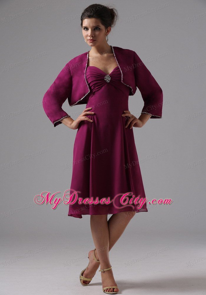 Sweetheart Beaded Knee-length Burgundy Chiffon Jacket Mother in Law Dresses