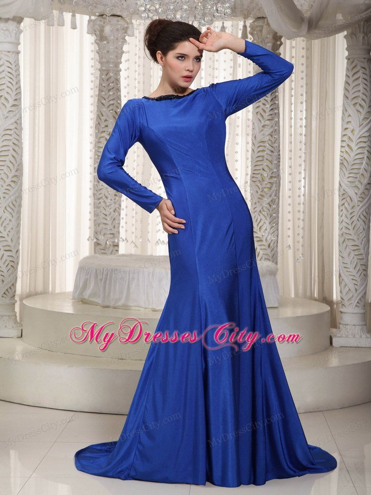 Mermaid Bateau Neck Beading Sleeves Brush Train Mother Of The Bride Dress