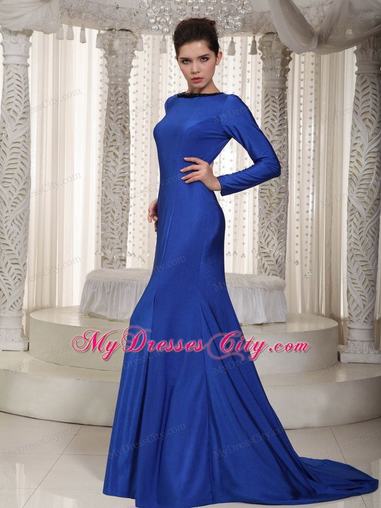 Mermaid Bateau Neck Beading Sleeves Brush Train Mother Of The Bride Dress