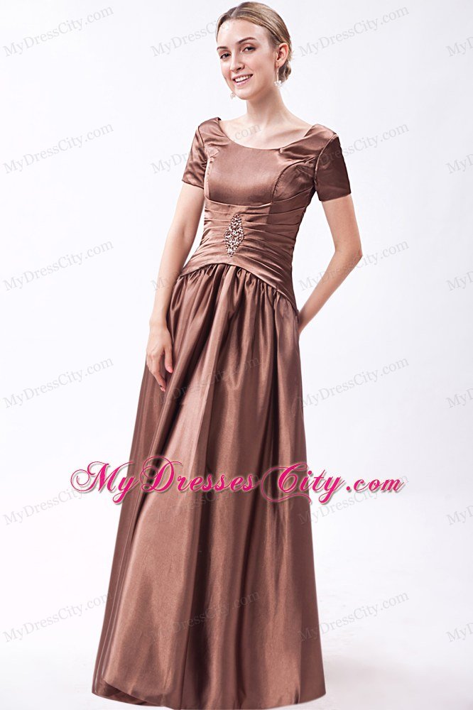 Scoop Neck Short Sleeves Beading Floor-length Taffeta Mother Bride Dress