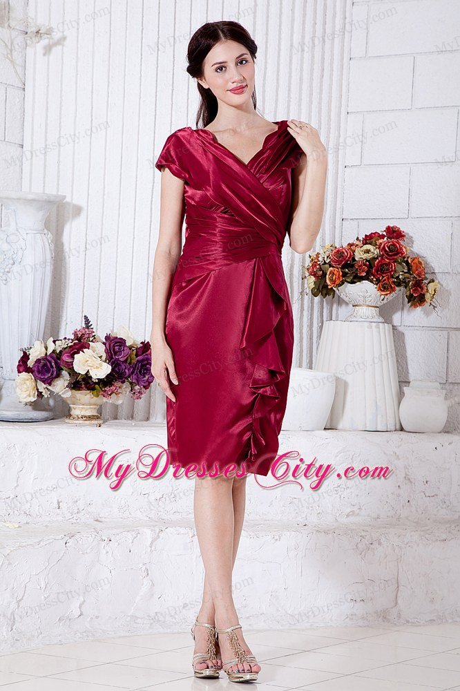 V-neck Ruche Knee-length Taffeta Wine Red Wedding Outfits for Groom Mothers