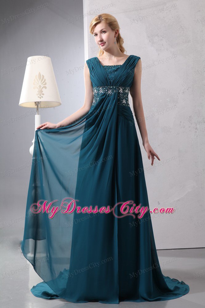 Straps Beading Court Train Chiffon Dark Green Mother of the Bride Dress