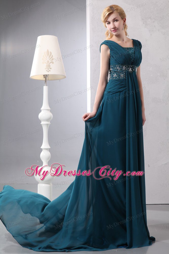 Straps Beading Court Train Chiffon Dark Green Mother of the Bride Dress