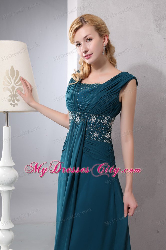 Straps Beading Court Train Chiffon Dark Green Mother of the Bride Dress