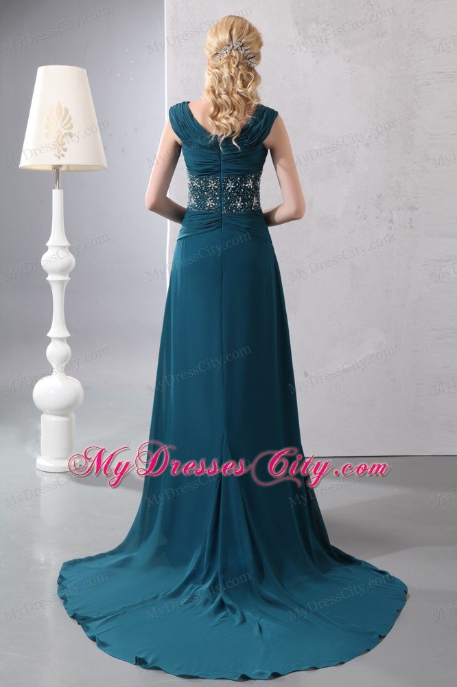 Straps Beading Court Train Chiffon Dark Green Mother of the Bride Dress