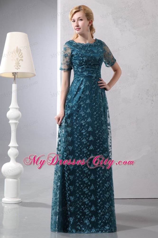 Scoop Neck Lace Short Sleeves Floor-length Green Mother Dress for Wedding