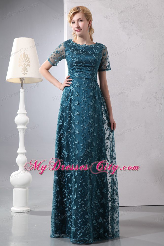 Scoop Neck Lace Short Sleeves Floor-length Green Mother Dress for Wedding