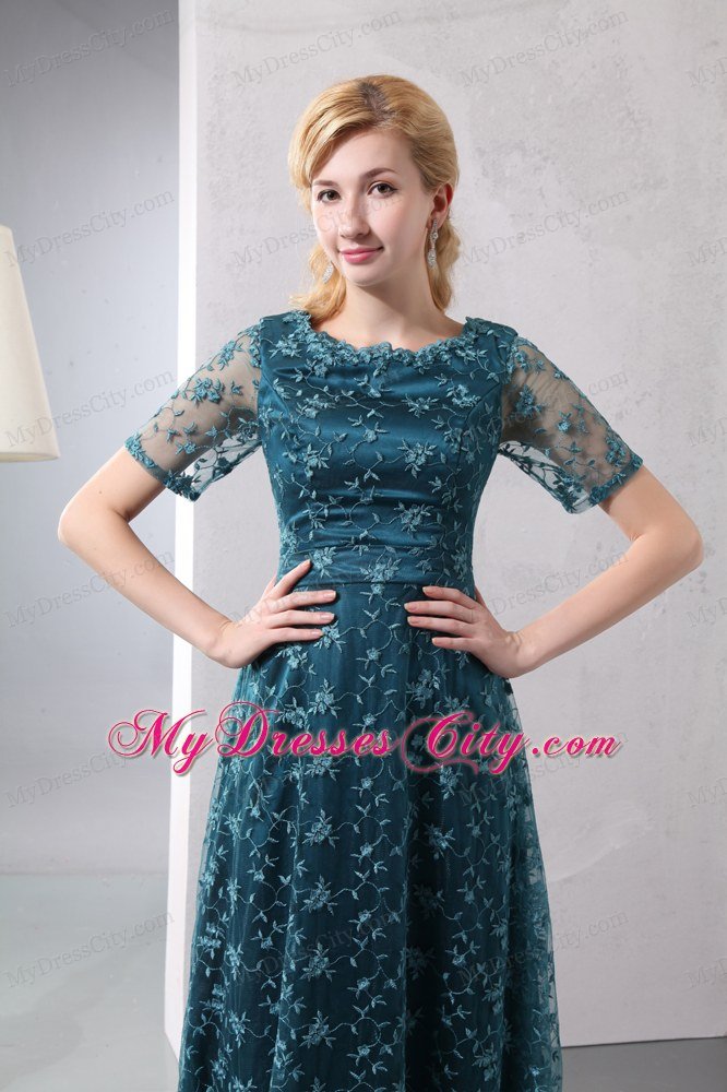 Scoop Neck Lace Short Sleeves Floor-length Green Mother Dress for Wedding