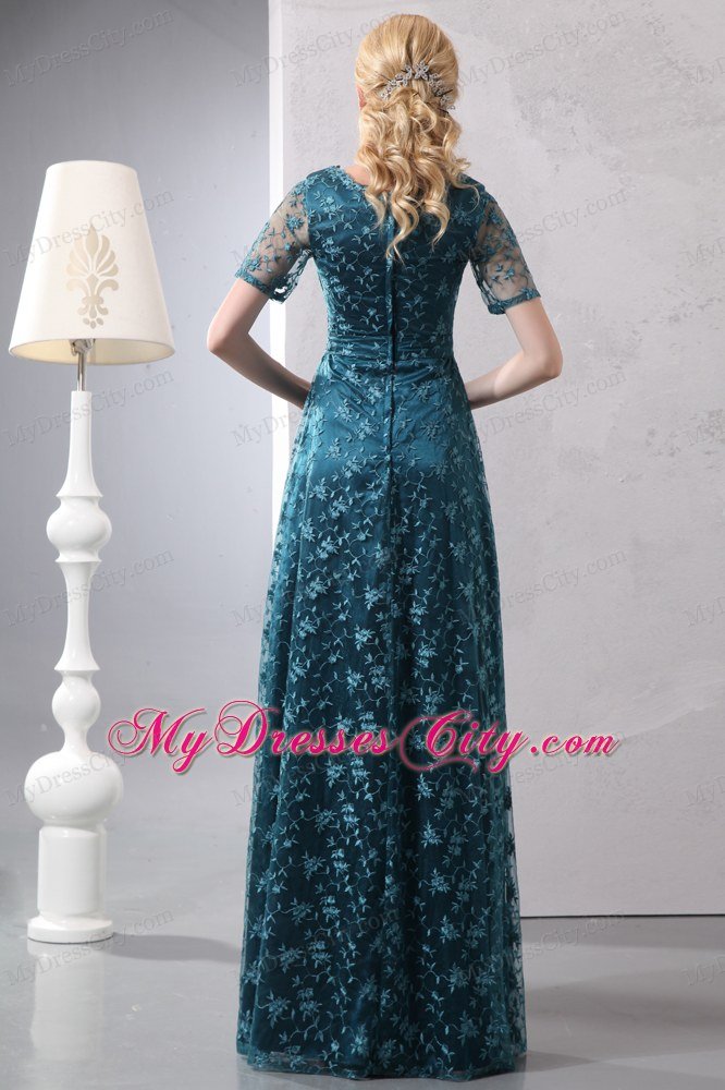 Scoop Neck Lace Short Sleeves Floor-length Green Mother Dress for Wedding