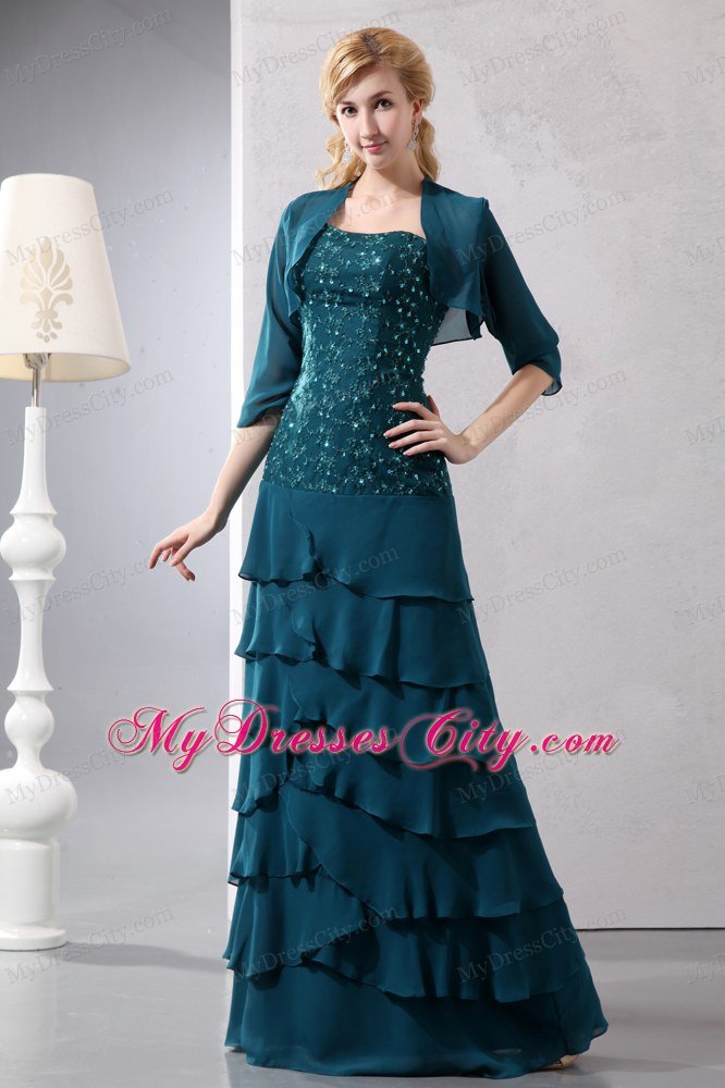 Turquoise Strapless Beading Layers Chiffon Floor-length Jacke Mothers Dresses