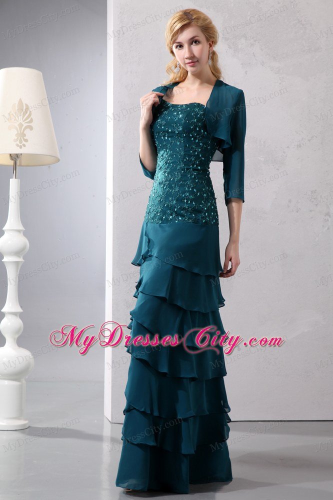 Turquoise Strapless Beading Layers Chiffon Floor-length Jacke Mothers Dresses