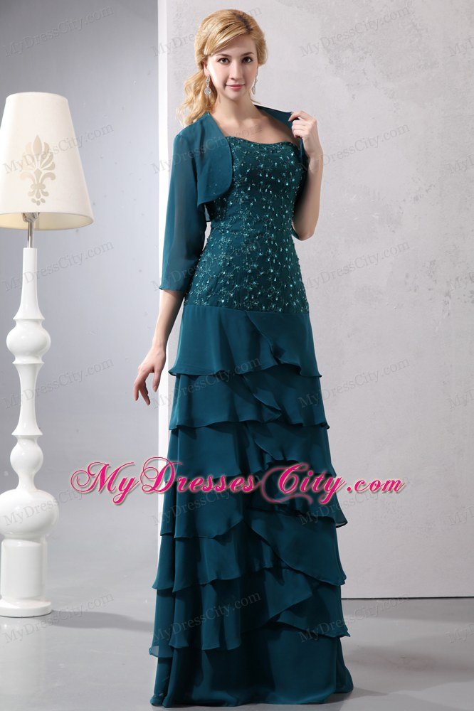 Turquoise Strapless Beading Layers Chiffon Floor-length Jacke Mothers Dresses