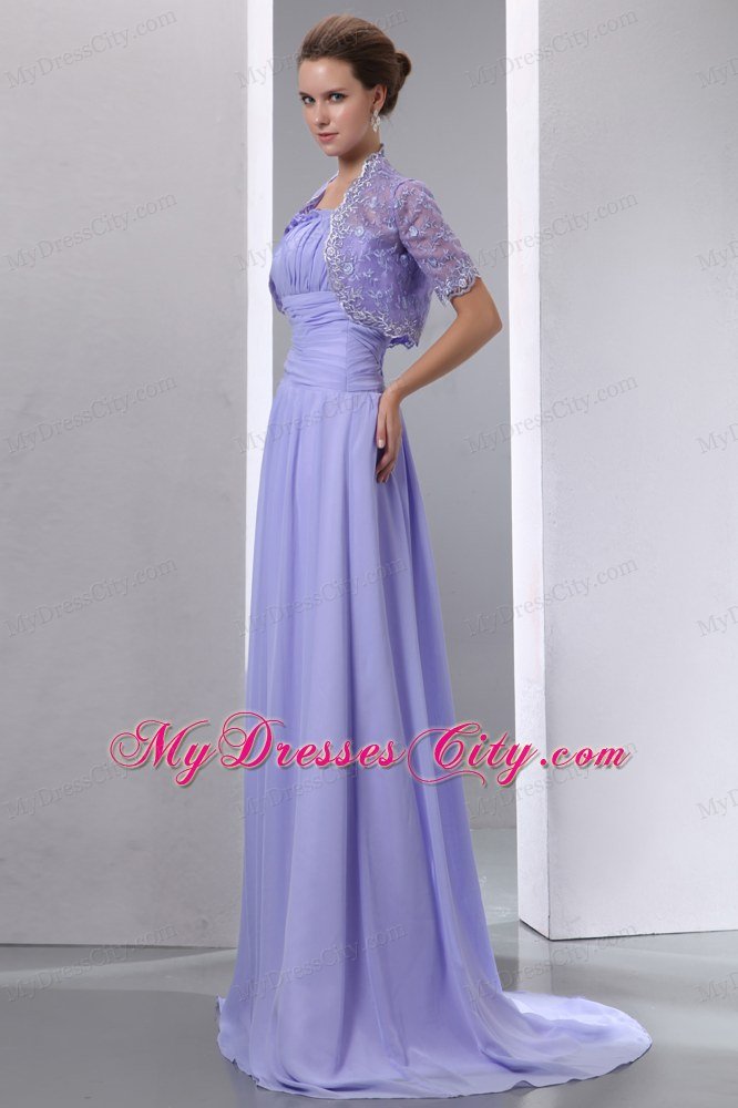 Spaghetti Straps Ruched Brush Train Chiffon Lilac Mother of Groom Dress