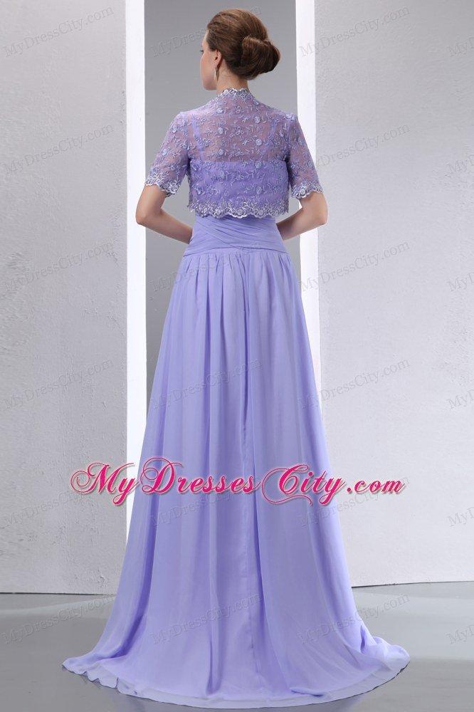 Spaghetti Straps Ruched Brush Train Chiffon Lilac Mother of Groom Dress