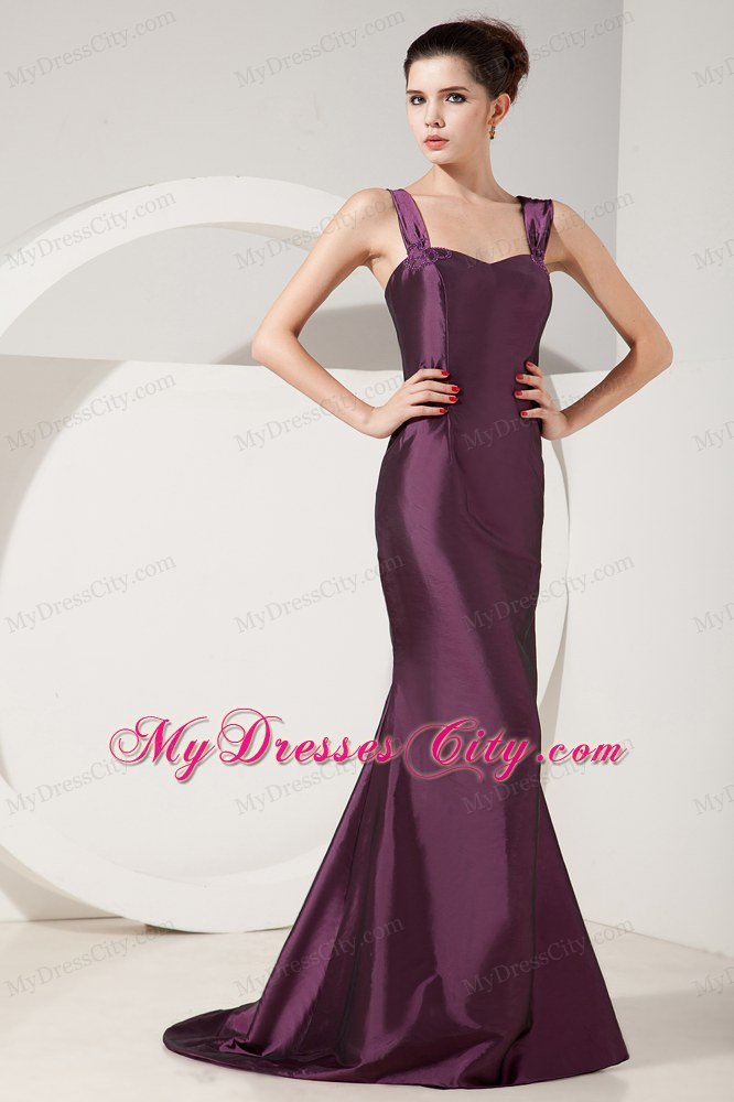 Dark Purple Straps Brush Train Back Out Satin Mermaid Mother Of Bride Dress