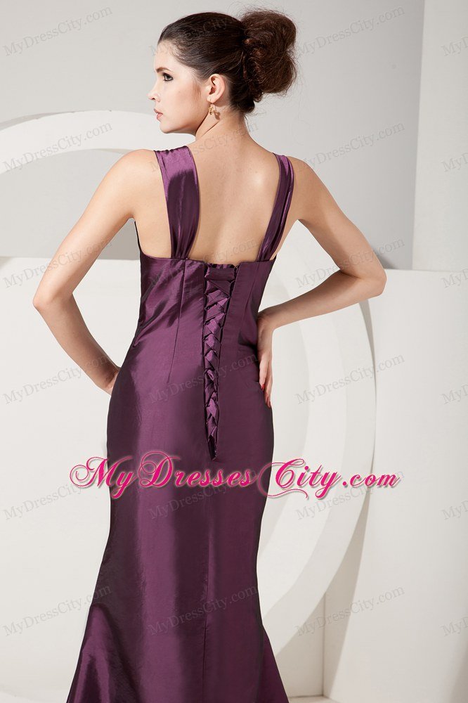 Dark Purple Straps Brush Train Back Out Satin Mermaid Mother Of Bride Dress