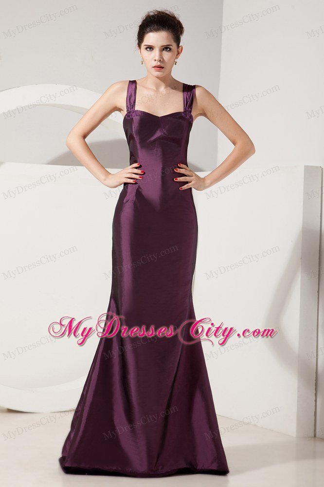 Dark Purple Straps Brush Train Back Out Satin Mermaid Mother Of Bride Dress