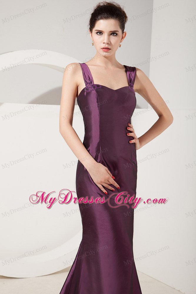 Dark Purple Straps Brush Train Back Out Satin Mermaid Mother Of Bride Dress