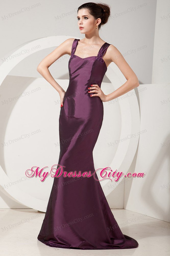 Dark Purple Straps Brush Train Back Out Satin Mermaid Mother Of Bride Dress