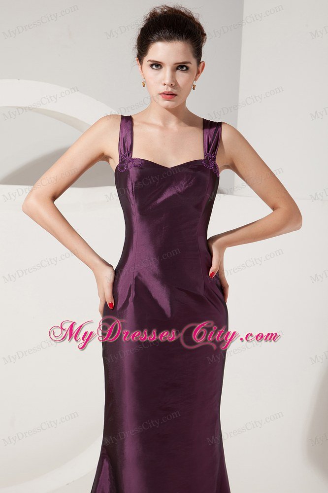 Dark Purple Straps Brush Train Back Out Satin Mermaid Mother Of Bride Dress