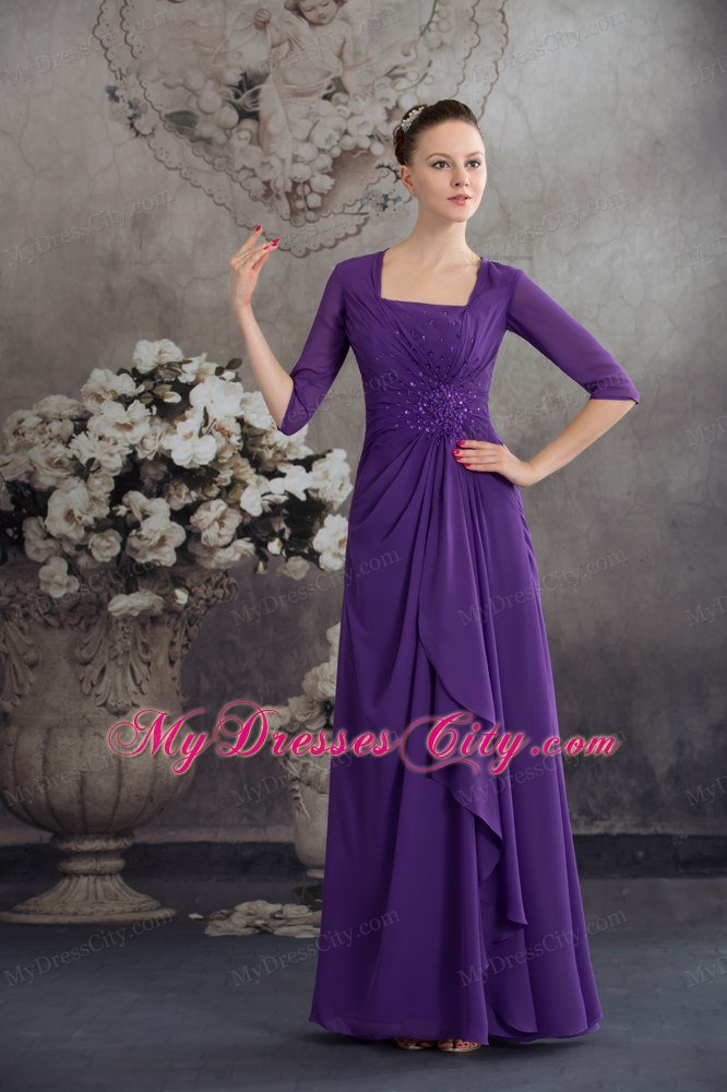 Square Neck Beading Sleeves Ruffled Chiffon Purple Mother Dress for Wedding