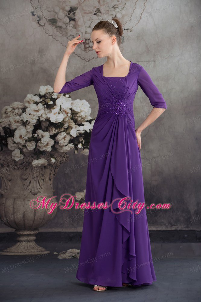 Square Neck Beading Sleeves Ruffled Chiffon Purple Mother Dress for Wedding