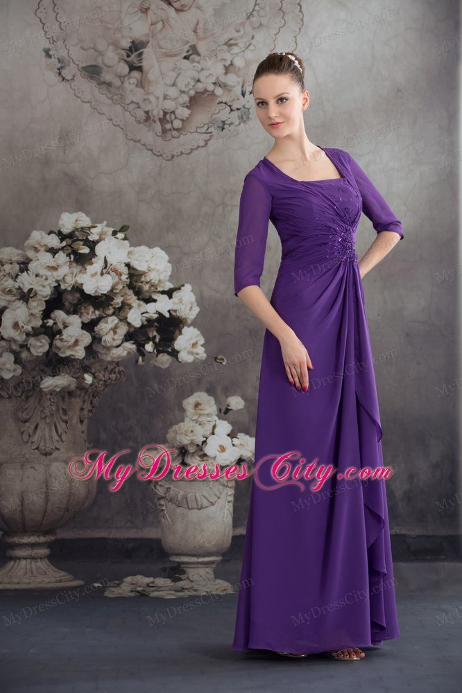 Square Neck Beading Sleeves Ruffled Chiffon Purple Mother Dress for Wedding