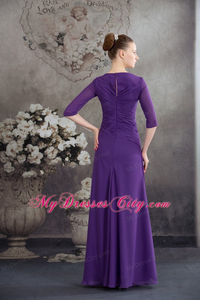 Square Neck Beading Sleeves Ruffled Chiffon Purple Mother Dress for Wedding