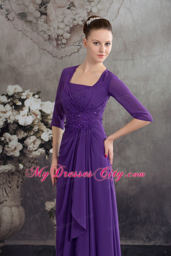 Square Neck Beading Sleeves Ruffled Chiffon Purple Mother Dress for Wedding