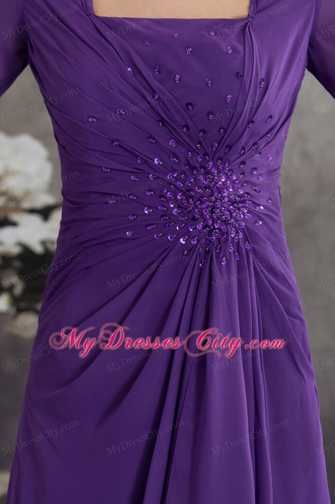 Square Neck Beading Sleeves Ruffled Chiffon Purple Mother Dress for Wedding