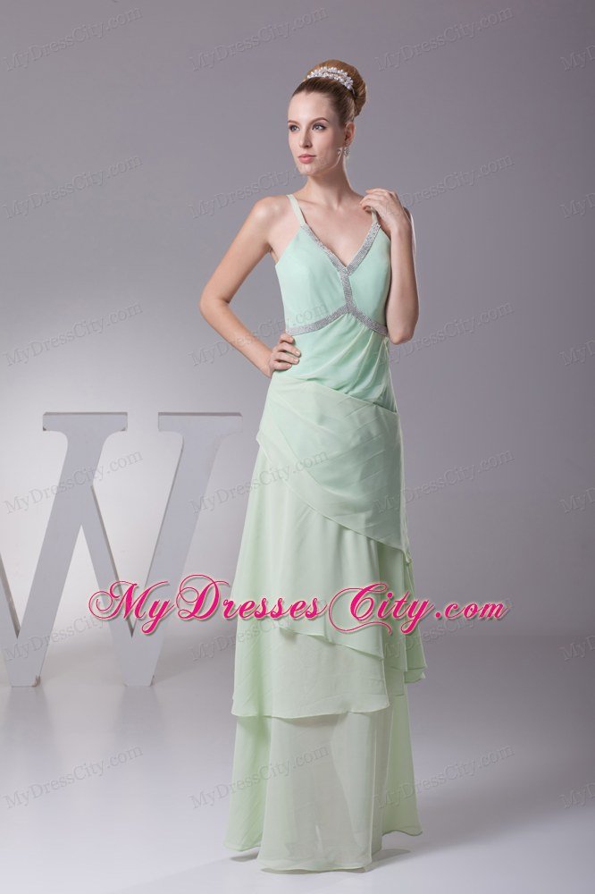 Beading V-neck Layers Chiffon Floor Length Cool Back Mother Bride Dress