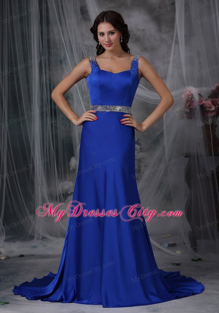 Royal Blue Column Straps Beading Prom Dress with Court Train