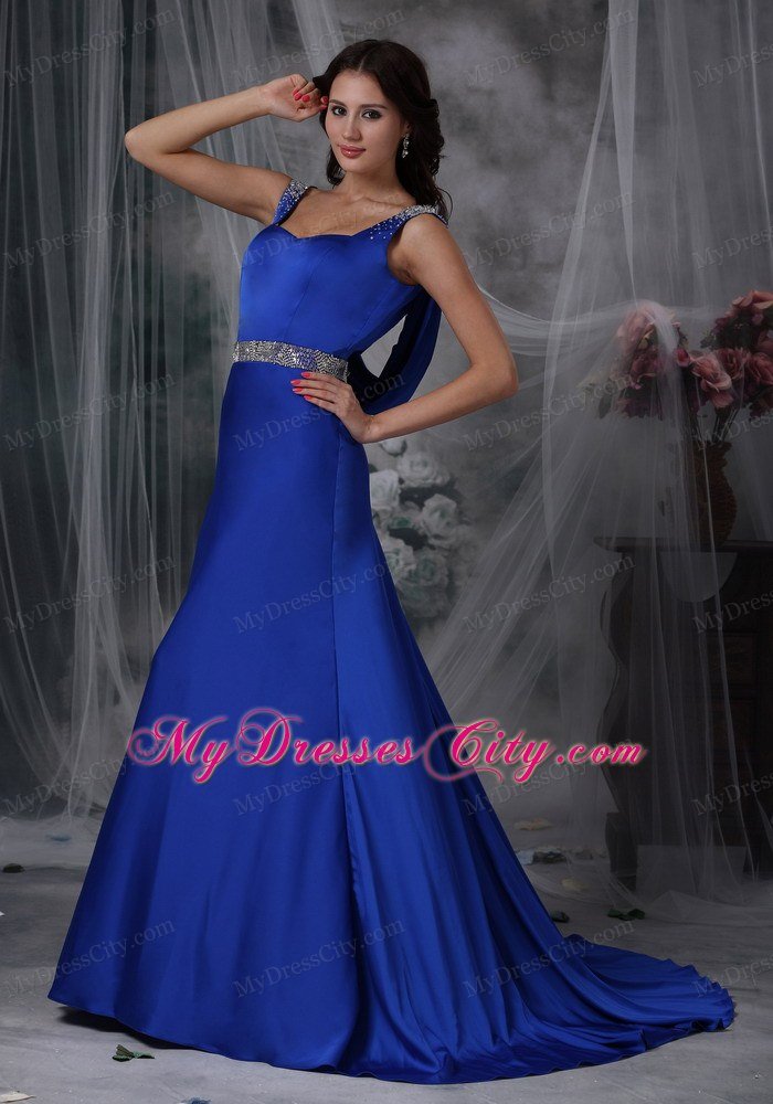 Royal Blue Column Straps Beading Prom Dress with Court Train