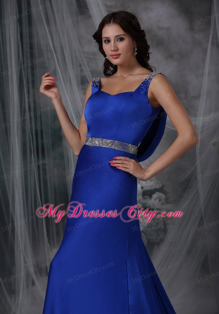 Royal Blue Column Straps Beading Prom Dress with Court Train