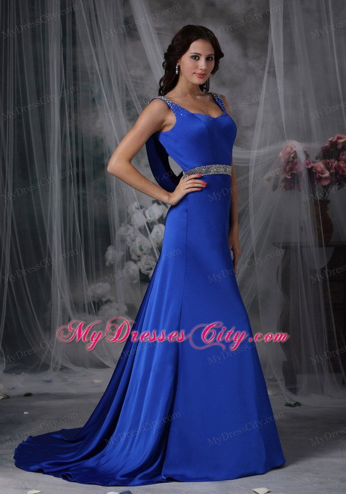 Royal Blue Column Straps Beading Prom Dress with Court Train