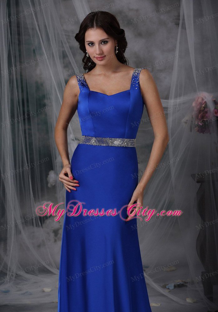 Royal Blue Column Straps Beading Prom Dress with Court Train