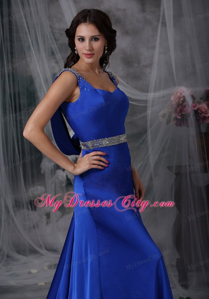 Royal Blue Column Straps Beading Prom Dress with Court Train