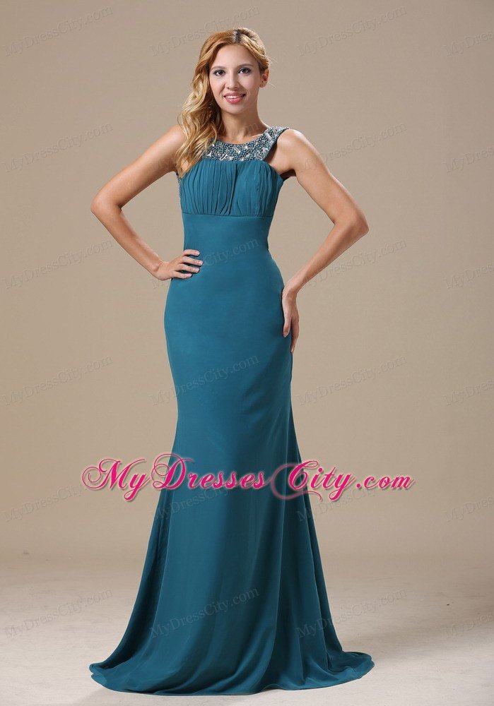 Teal Scoop Prom Dress With Beaded Decorate Shoulder